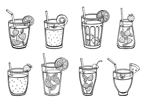 Set non-alcoholic summer drinks isolated on white background. Classic and strawberry lemonade, iced tea, mojito, watermelon  fresh, kiwi and strawberry smoothie. Menu vector images in sketch style.