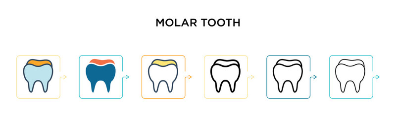 Molar tooth vector icon in 6 different modern styles. Black, two colored molar tooth icons designed in filled, outline, line and stroke style. Vector illustration can be used for web, mobile, ui