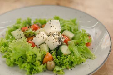 Salad photo with fresh vegetables and cottage cheese