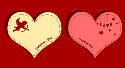 Valentine&rsquo;s day greeting postcard/14 February heart shaped paper with cupid, mini hearts and hang love text is a stencil paper design.