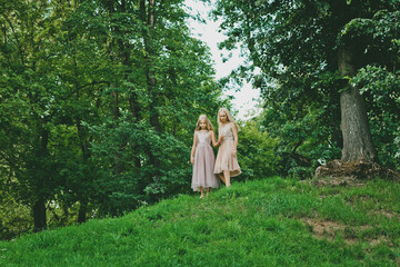 Two adorable blonde girls walking in park on a sunny summer day.  Outdoor photo of happy sisters posing on nature background. 