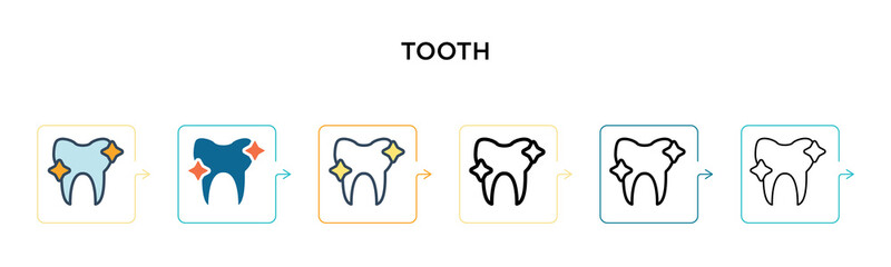 Tooth vector icon in 6 different modern styles. Black, two colored tooth icons designed in filled, outline, line and stroke style. Vector illustration can be used for web, mobile, ui