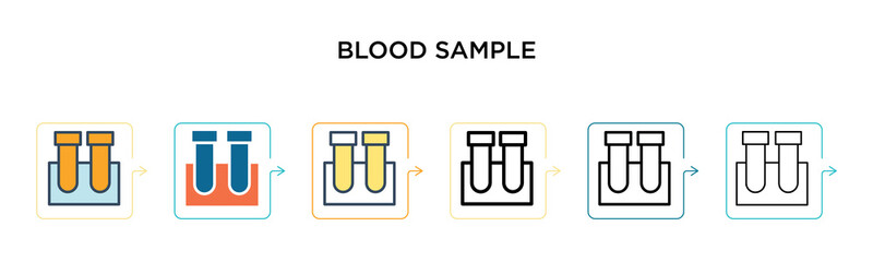 Blood sample vector icon in 6 different modern styles. Black, two colored blood sample icons designed in filled, outline, line and stroke style. Vector illustration can be used for web, mobile, ui