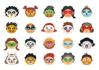 Kids face painting with various character drawings