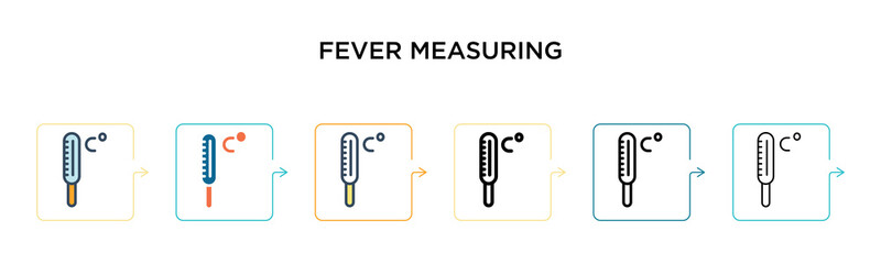 Fototapeta premium Fever measuring vector icon in 6 different modern styles. Black, two colored fever measuring icons designed in filled, outline, line and stroke style. Vector illustration can be used for web, mobile,