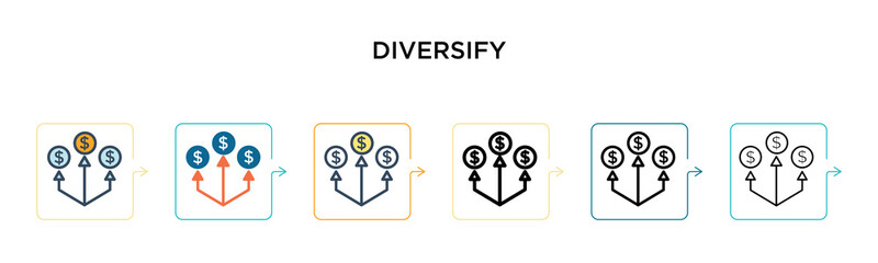 Diversify vector icon in 6 different modern styles. Black, two colored diversify icons designed in filled, outline, line and stroke style. Vector illustration can be used for web, mobile, ui