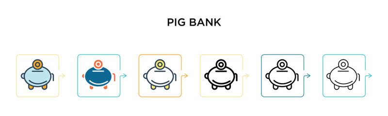 Pig bank vector icon in 6 different modern styles. Black, two colored pig bank icons designed in filled, outline, line and stroke style. Vector illustration can be used for web, mobile, ui