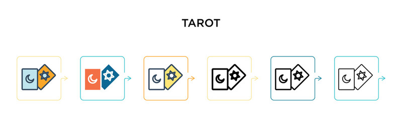 Tarot vector icon in 6 different modern styles. Black, two colored tarot icons designed in filled, outline, line and stroke style. Vector illustration can be used for web, mobile, ui