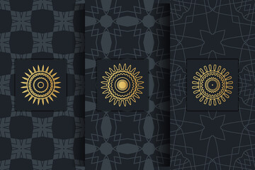 Collection of black backgrounds and golden elements. Set of labels, icons, logos and seamless patterns. Templates with luxury foil for packaging