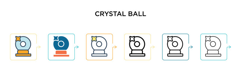 Crystal ball vector icon in 6 different modern styles. Black, two colored crystal ball icons designed in filled, outline, line and stroke style. Vector illustration can be used for web, mobile, ui