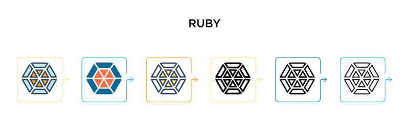 Ruby vector icon in 6 different modern styles. Black, two colored ruby icons designed in filled, outline, line and stroke style. Vector illustration can be used for web, mobile, ui