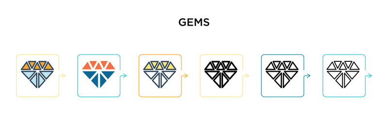 Gems vector icon in 6 different modern styles. Black, two colored gems icons designed in filled, outline, line and stroke style. Vector illustration can be used for web, mobile, ui