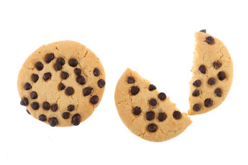 Chocolate chip cookies isolated on white background. Sweet biscuits. Homemade pastry.