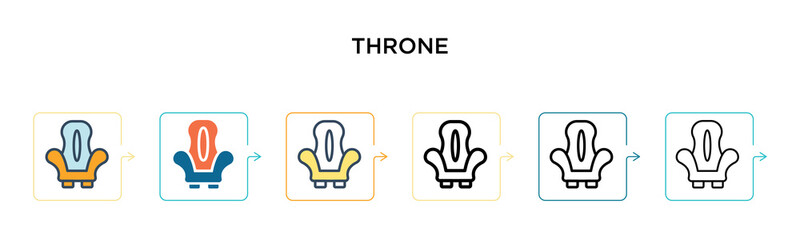 Throne vector icon in 6 different modern styles. Black, two colored throne icons designed in filled, outline, line and stroke style. Vector illustration can be used for web, mobile, ui