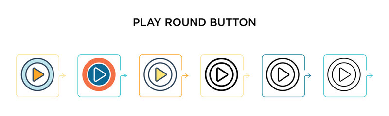 Play round button vector icon in 6 different modern styles. Black, two colored play round button icons designed in filled, outline, line and stroke style. Vector illustration can be used for web,