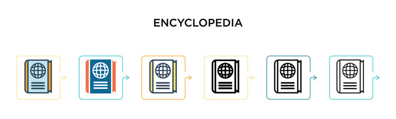 Encyclopedia vector icon in 6 different modern styles. Black, two colored encyclopedia icons designed in filled, outline, line and stroke style. Vector illustration can be used for web, mobile, ui