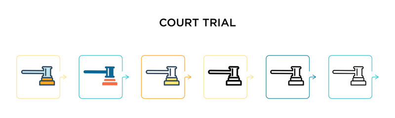 Court trial vector icon in 6 different modern styles. Black, two colored court trial icons designed in filled, outline, line and stroke style. Vector illustration can be used for web, mobile, ui