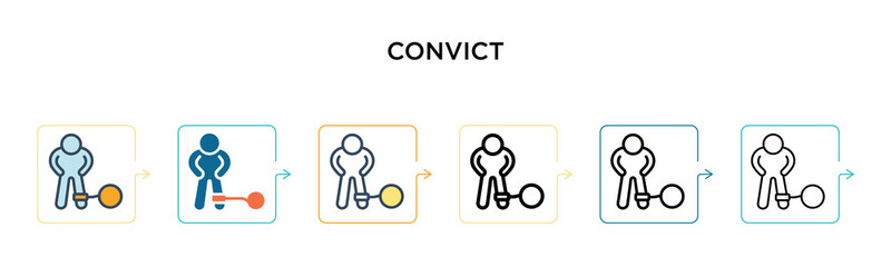 Convict vector icon in 6 different modern styles. Black, two colored convict icons designed in filled, outline, line and stroke style. Vector illustration can be used for web, mobile, ui