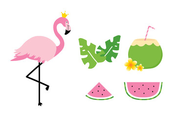 Cute pink flamingo, tropical leaves, coconuts and watermelon slices. Set, collection of colorful cartoon icon for summer design. 
