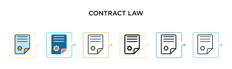 Contract law vector icon in 6 different modern styles. Black, two colored contract law icons designed in filled, outline, line and stroke style. Vector illustration can be used for web, mobile, ui