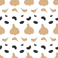 Black garlic, fermented caramelized garlic superfood vector seamless pattern background.