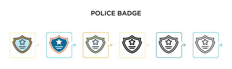 Police badge vector icon in 6 different modern styles. Black, two colored police badge icons designed in filled, outline, line and stroke style. Vector illustration can be used for web, mobile, ui