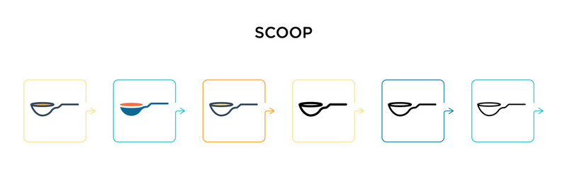 Scoop vector icon in 6 different modern styles. Black, two colored scoop icons designed in filled, outline, line and stroke style. Vector illustration can be used for web, mobile, ui