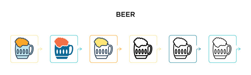 Beer vector icon in 6 different modern styles. Black, two colored beer icons designed in filled, outline, line and stroke style. Vector illustration can be used for web, mobile, ui