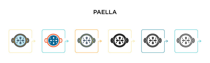 Paella vector icon in 6 different modern styles. Black, two colored paella icons designed in filled, outline, line and stroke style. Vector illustration can be used for web, mobile, ui