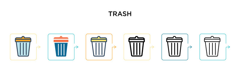 Trash vector icon in 6 different modern styles. Black, two colored trash icons designed in filled, outline, line and stroke style. Vector illustration can be used for web, mobile, ui