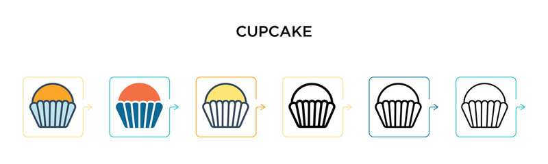 Cupcake vector icon in 6 different modern styles. Black, two colored cupcake icons designed in filled, outline, line and stroke style. Vector illustration can be used for web, mobile, ui