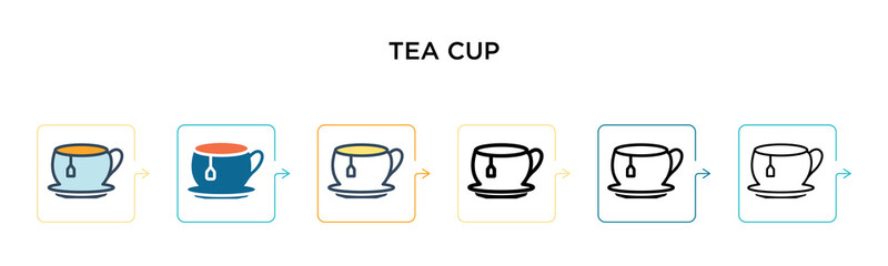 Tea cup vector icon in 6 different modern styles. Black, two colored tea cup icons designed in filled, outline, line and stroke style. Vector illustration can be used for web, mobile, ui