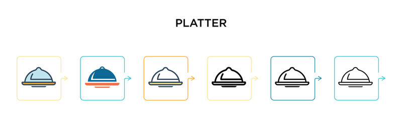 Platter vector icon in 6 different modern styles. Black, two colored platter icons designed in filled, outline, line and stroke style. Vector illustration can be used for web, mobile, ui