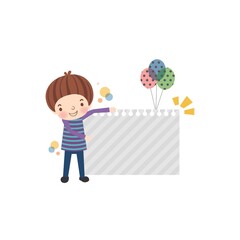 school boy with a paper note sheet and balloons