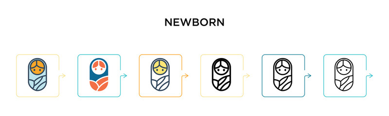 Newborn vector icon in 6 different modern styles. Black, two colored newborn icons designed in filled, outline, line and stroke style. Vector illustration can be used for web, mobile, ui