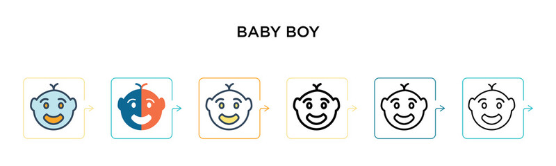 Baby boy vector icon in 6 different modern styles. Black, two colored baby boy icons designed in filled, outline, line and stroke style. Vector illustration can be used for web, mobile, ui