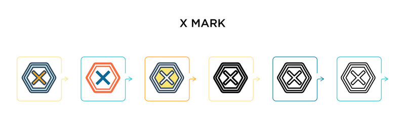 X mark vector icon in 6 different modern styles. Black, two colored x mark icons designed in filled, outline, line and stroke style. Vector illustration can be used for web, mobile, ui