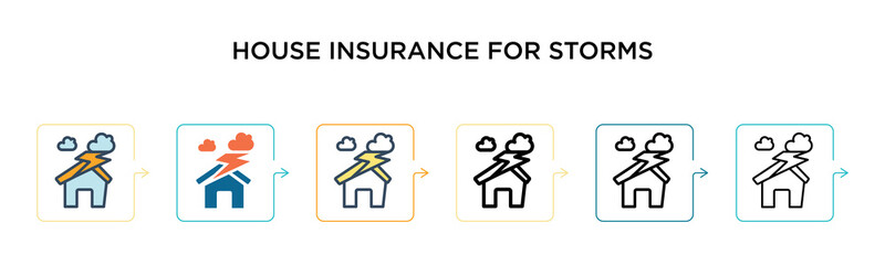 House insurance for storms vector icon in 6 different modern styles. Black, two colored house insurance for storms icons designed in filled, outline, line and stroke style. Vector illustration can be