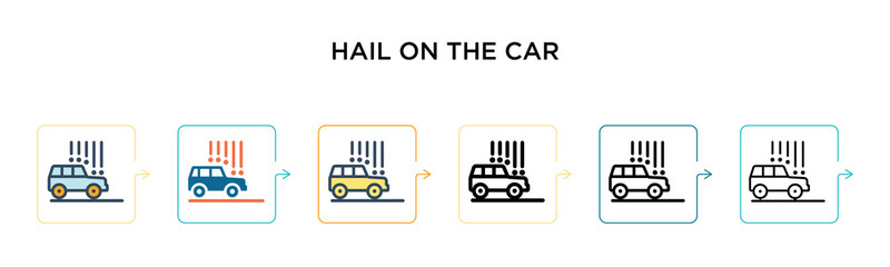 Hail on the car vector icon in 6 different modern styles. Black, two colored hail on the car icons designed in filled, outline, line and stroke style. Vector illustration can be used for web, mobile,