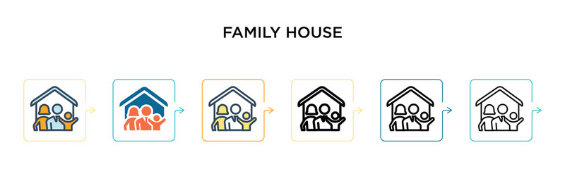 Family house vector icon in 6 different modern styles. Black, two colored family house icons designed in filled, outline, line and stroke style. Vector illustration can be used for web, mobile, ui