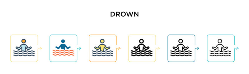 Drown vector icon in 6 different modern styles. Black, two colored drown icons designed in filled, outline, line and stroke style. Vector illustration can be used for web, mobile, ui