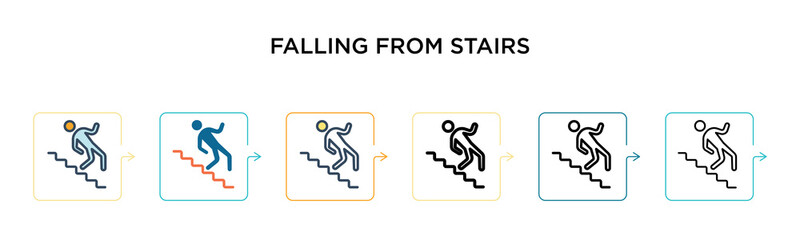 Fototapeta premium Falling from stairs vector icon in 6 different modern styles. Black, two colored falling from stairs icons designed in filled, outline, line and stroke style. Vector illustration can be used for web,
