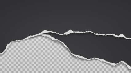 Torn, ripped pieces black paper with soft shadow are on grey background for text. Vector illustration