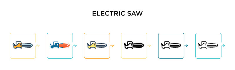 Electric saw vector icon in 6 different modern styles. Black, two colored electric saw icons designed in filled, outline, line and stroke style. Vector illustration can be used for web, mobile, ui