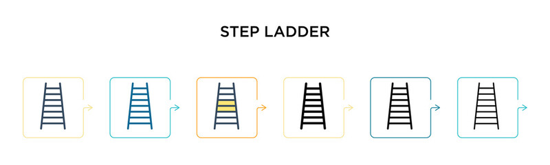 Step ladder vector icon in 6 different modern styles. Black, two colored step ladder icons designed in filled, outline, line and stroke style. Vector illustration can be used for web, mobile, ui