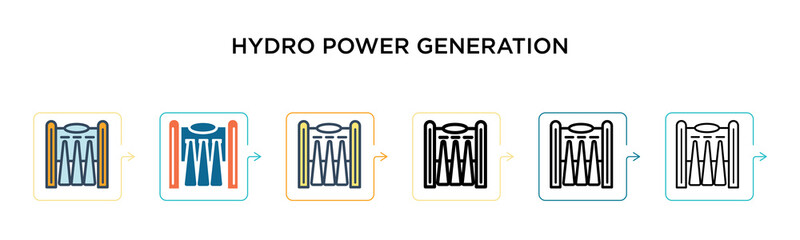 Hydro power generation vector icon in 6 different modern styles. Black, two colored hydro power generation icons designed in filled, outline, line and stroke style. Vector illustration can be used for