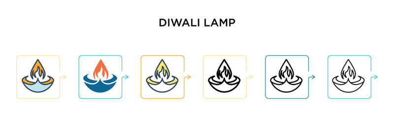 Diwali lamp vector icon in 6 different modern styles. Black, two colored diwali lamp icons designed in filled, outline, line and stroke style. Vector illustration can be used for web, mobile, ui