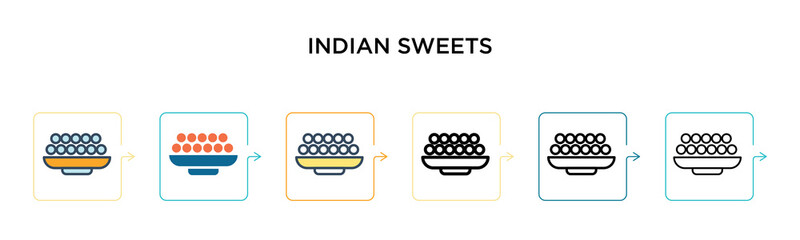 Indian sweets vector icon in 6 different modern styles. Black, two colored indian sweets icons designed in filled, outline, line and stroke style. Vector illustration can be used for web, mobile, ui