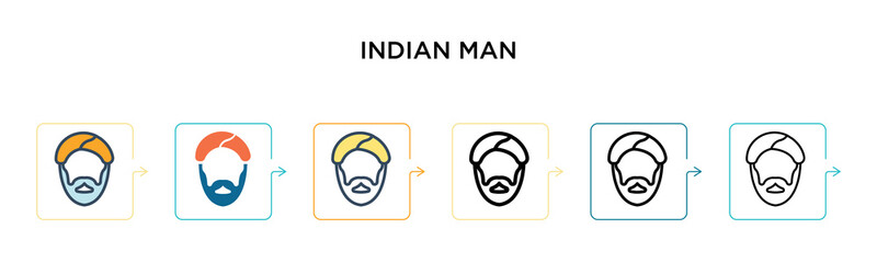 Indian man vector icon in 6 different modern styles. Black, two colored indian man icons designed in filled, outline, line and stroke style. Vector illustration can be used for web, mobile, ui