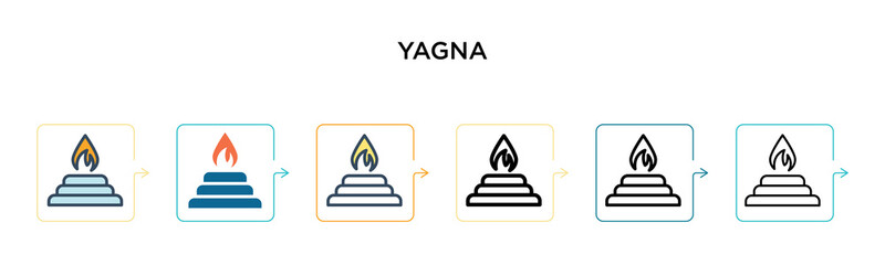 Yagna vector icon in 6 different modern styles. Black, two colored yagna icons designed in filled, outline, line and stroke style. Vector illustration can be used for web, mobile, ui